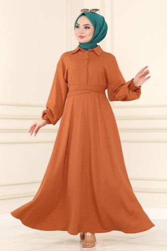 moda selvim Beli Kuşaklı Bürümcük Elbise 5856BSK463 Oranj - Thumbnail