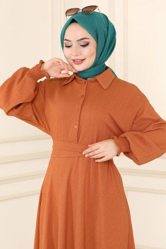 moda selvim Beli Kuşaklı Bürümcük Elbise 5856BSK463 Oranj - Thumbnail