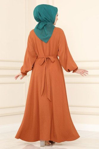 moda selvim Beli Kuşaklı Bürümcük Elbise 5856BSK463 Oranj - Thumbnail