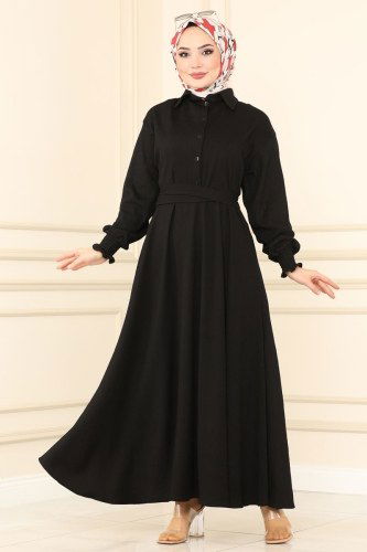 moda selvim Beli Kuşaklı Bürümcük Elbise 5856BSK463 Siyah - Thumbnail