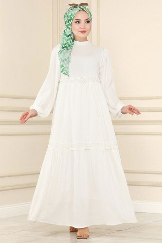 moda selvim Dantel Geçişli Bürümcük Elbise 5858BSK463 Ekru - Thumbnail