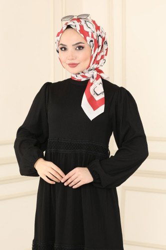 moda selvim Dantel Geçişli Bürümcük Elbise 5858BSK463 Siyah - Thumbnail