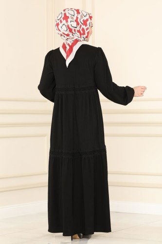 moda selvim Dantel Geçişli Bürümcük Elbise 5858BSK463 Siyah - Thumbnail