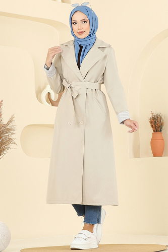 moda selvim Beli Kuşaklı Cepli Trençkot 2518MSA980 Taş - Thumbnail