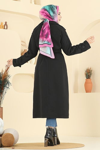 moda selvim Beli Kuşaklı Cepli Trençkot 6248BSK463 Siyah - Thumbnail
