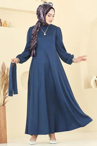 moda selvim Beli Kuşaklı Elbise 25029UKB139 Açık İndigo - Thumbnail