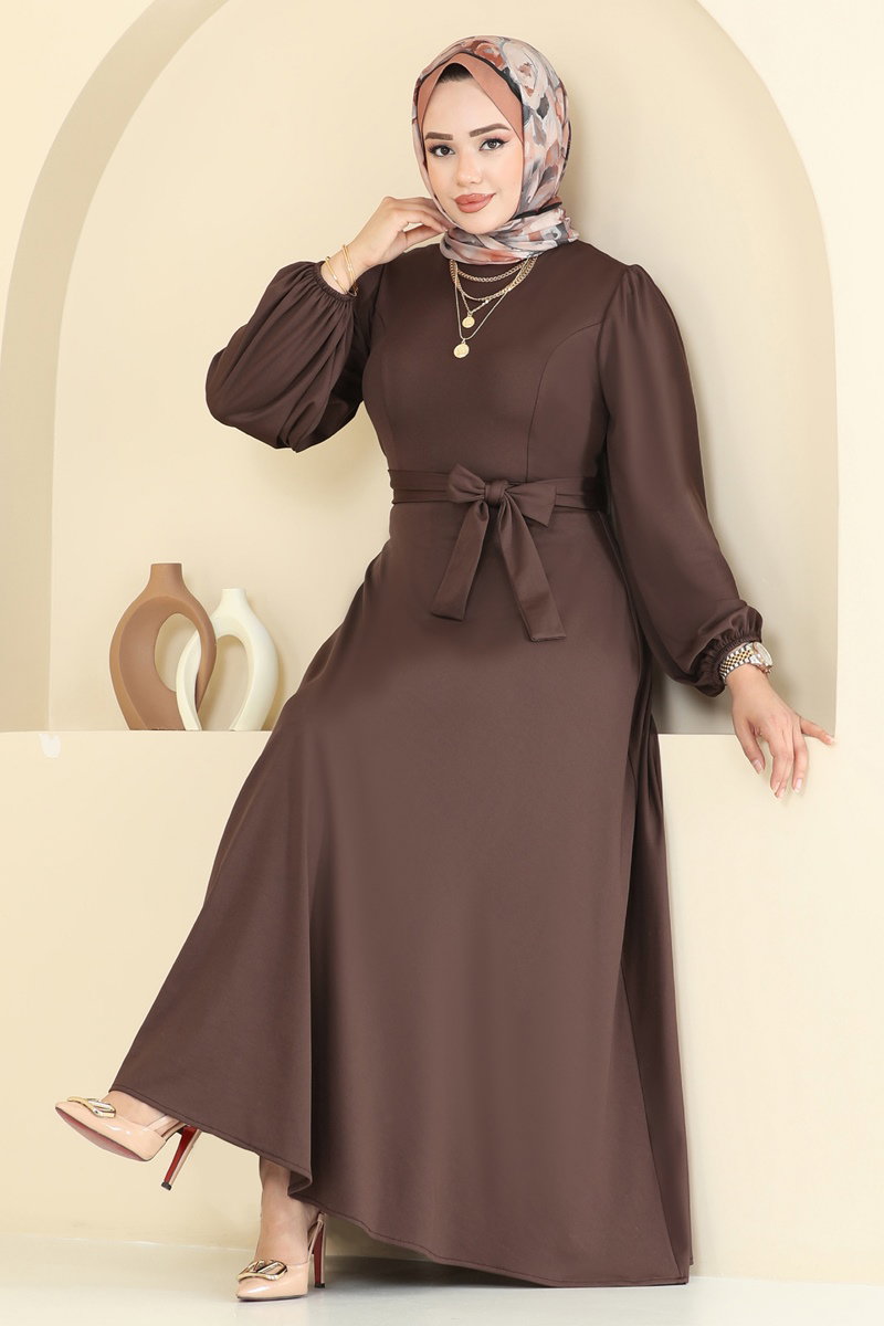 Beli Kuşaklı Elbise 25029UKB139 Açık Kahve