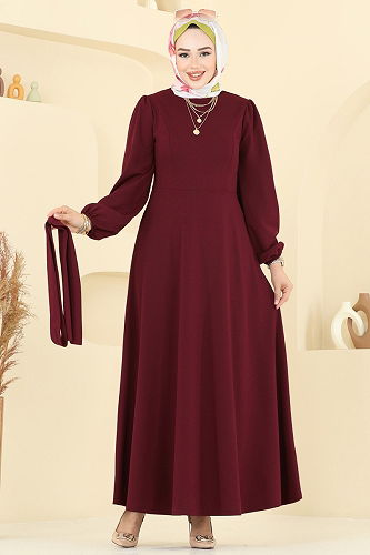 moda selvim Beli Kuşaklı Elbise 25029UKB139 Bordo - Thumbnail