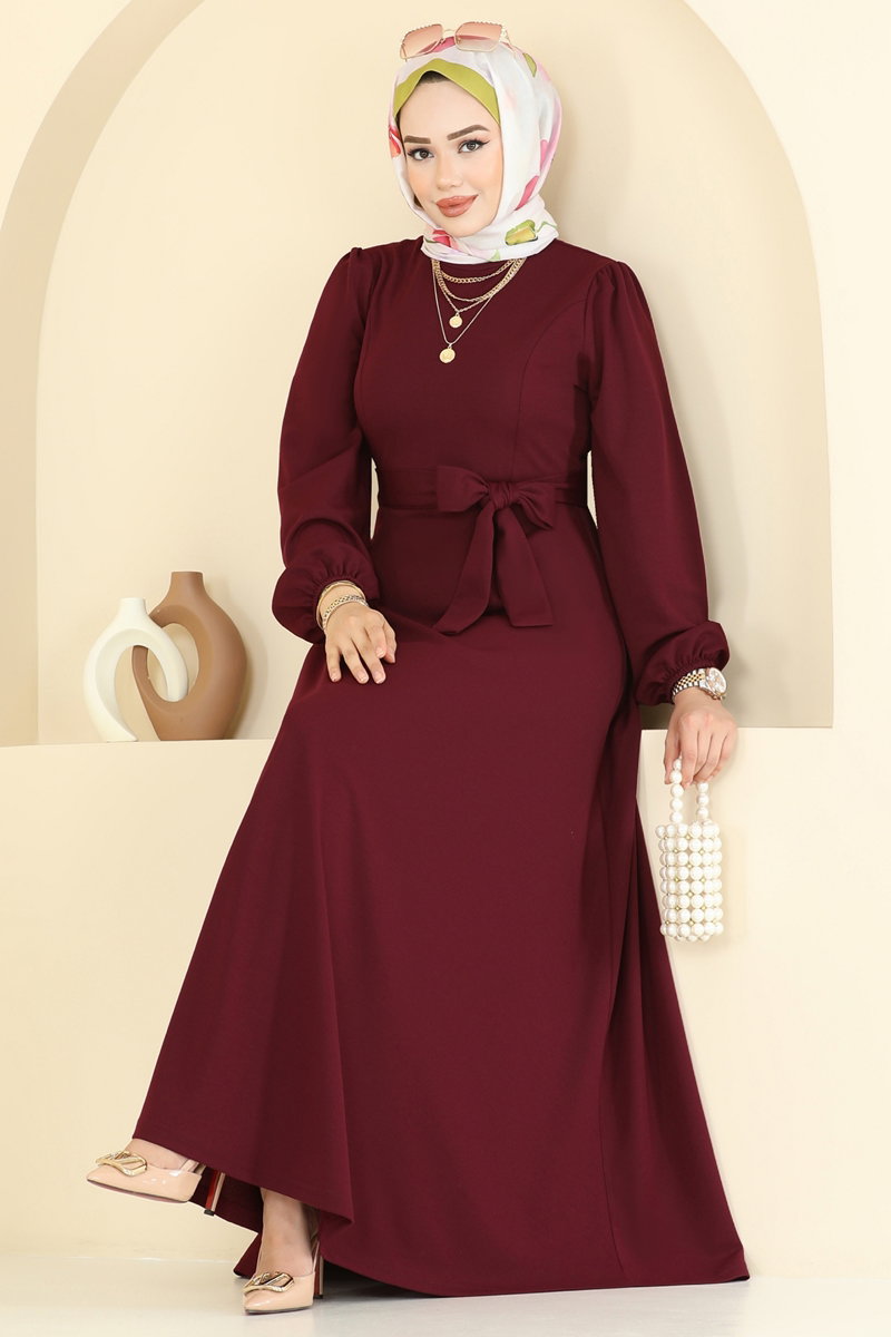 Beli Kuşaklı Elbise 25029UKB139 Bordo