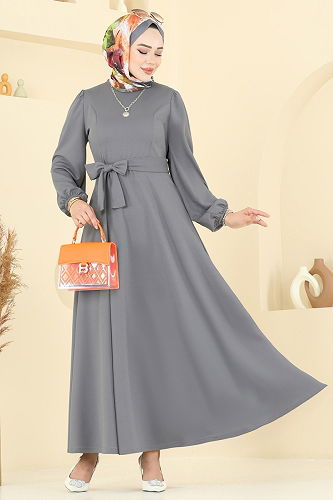 moda selvim Beli Kuşaklı Elbise 25029UKB139 Gri - Thumbnail