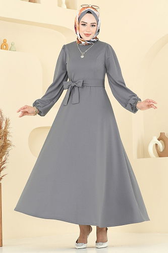 moda selvim Beli Kuşaklı Elbise 25029UKB139 Gri - Thumbnail