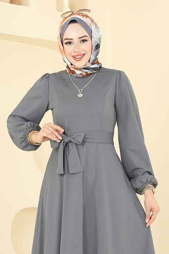 moda selvim Beli Kuşaklı Elbise 25029UKB139 Gri - Thumbnail