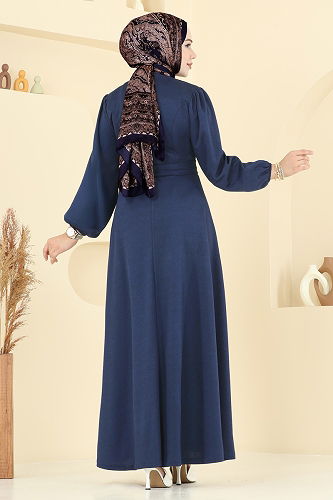 moda selvim Beli Kuşaklı Elbise 25029UKB139 İndigo - Thumbnail