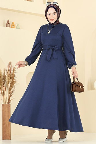 moda selvim Beli Kuşaklı Elbise 25029UKB139 İndigo - Thumbnail