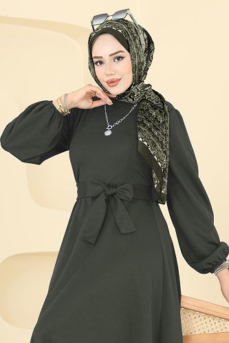 moda selvim Beli Kuşaklı Elbise 25029UKB139 Koyu Haki - Thumbnail