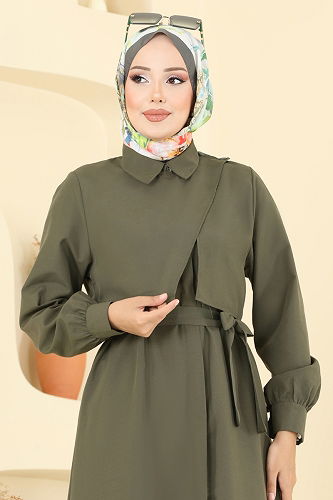 moda selvim Beli Kuşaklı Elbise Ferace 7020UZ662 Haki - Thumbnail