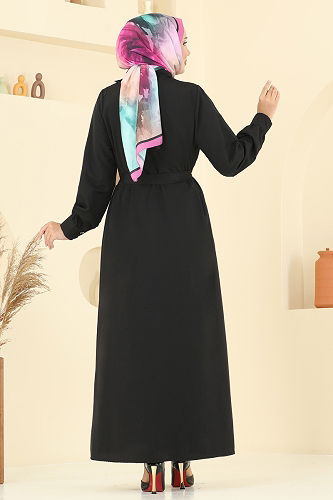 moda selvim Beli Kuşaklı Elbise Ferace 7020UZ662 Siyah - Thumbnail