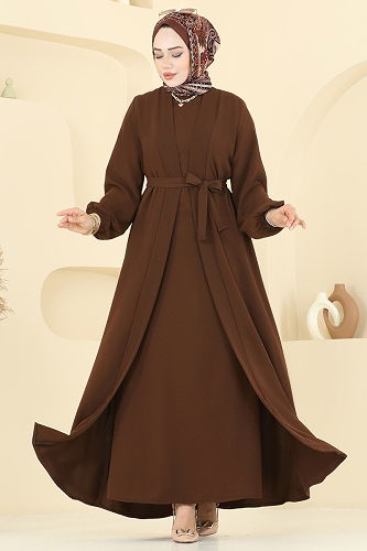 moda selvim Beli Kuşaklı Elbise Takım 0347BG354 Açık Kahve - Thumbnail