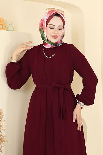 moda selvim Beli Kuşaklı Elbise Takım 0347BG354 Bordo - Thumbnail