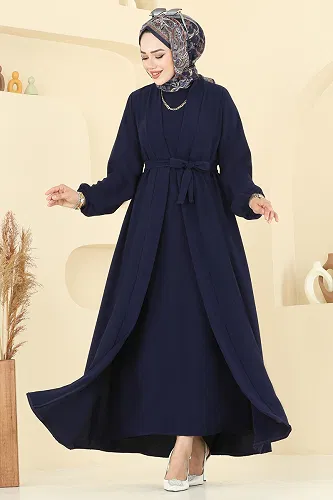 moda selvim Beli Kuşaklı Elbise Takım 0347BG354 Laci - Thumbnail