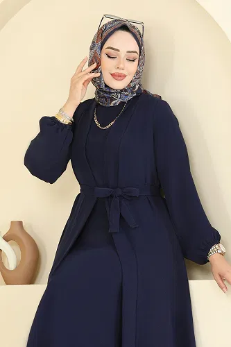 moda selvim Beli Kuşaklı Elbise Takım 0347BG354 Laci - Thumbnail