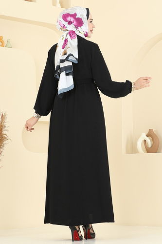 moda selvim Beli Kuşaklı Elbise Takım 0347BG354 Siyah - Thumbnail