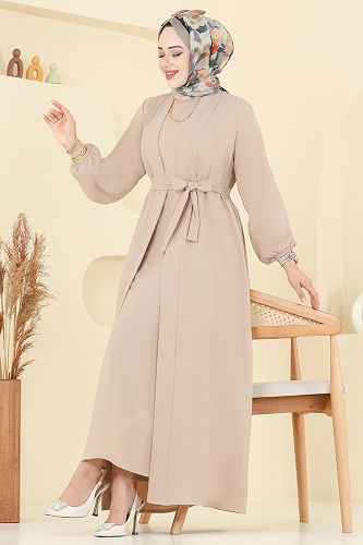 moda selvim Beli Kuşaklı Elbise Takım 0347BG354 Taş - Thumbnail
