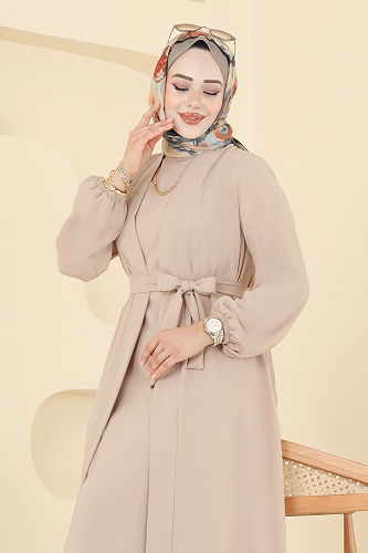 moda selvim Beli Kuşaklı Elbise Takım 0347BG354 Taş - Thumbnail