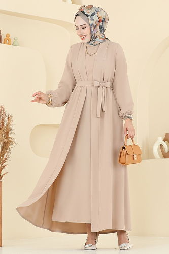 moda selvim Beli Kuşaklı Elbise Takım 0347BG354 Taş - Thumbnail