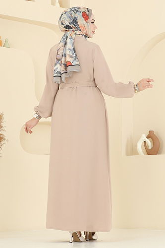 moda selvim Beli Kuşaklı Elbise Takım 0347BG354 Taş - Thumbnail