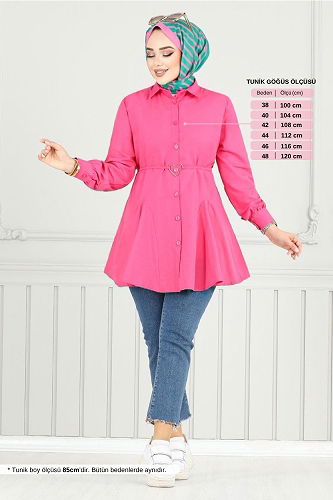 moda selvim Beli Kuşaklı Gömlek 256ASN936-M Fuşya - Thumbnail