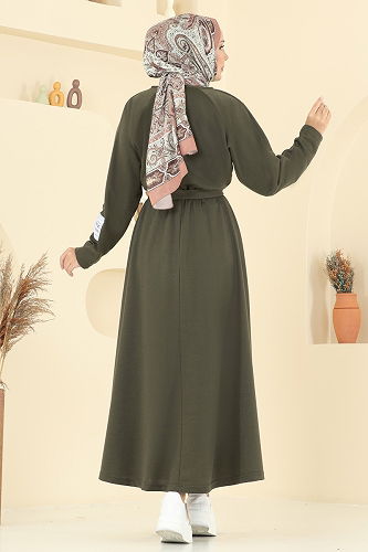 moda selvim Beli Kuşaklı İki İp Elbise PL2828 Haki - Thumbnail