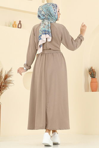 moda selvim Beli Kuşaklı İki İp Elbise PL2828 Koyu Vizyon - Thumbnail