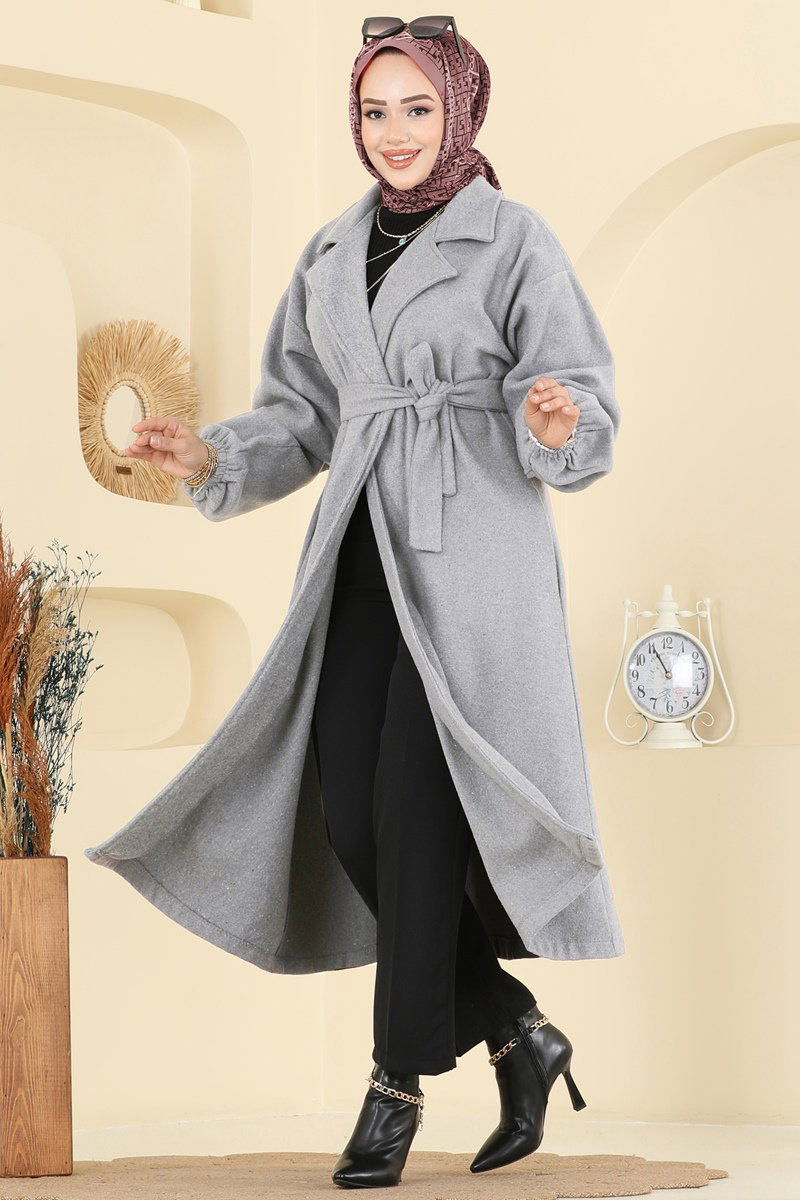 Beli Kuşaklı Kaşe Kaban 2059ERK1158 Açık Gri