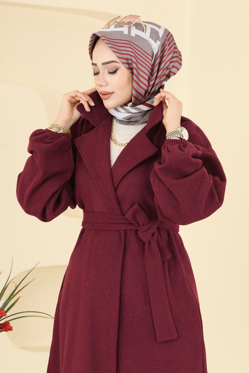 Beli Kuşaklı Kaşe Kaban 2059ERK1158 Bordo