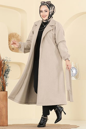 moda selvim Beli Kuşaklı Kaşe Kaban 2059ERK1158 Taş - Thumbnail