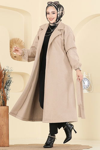 moda selvim Beli Kuşaklı Kaşe Kaban 2059ERK1158 Taş - Thumbnail