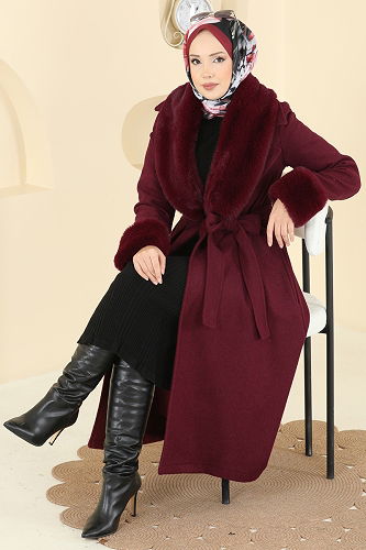 moda selvim Beli Kuşaklı Kaşe Kaban 8159AB368 Bordo - Thumbnail