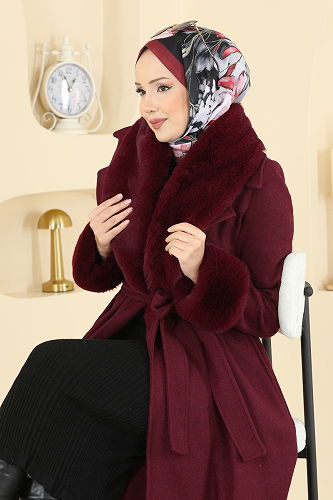 moda selvim Beli Kuşaklı Kaşe Kaban 8159AB368 Bordo - Thumbnail