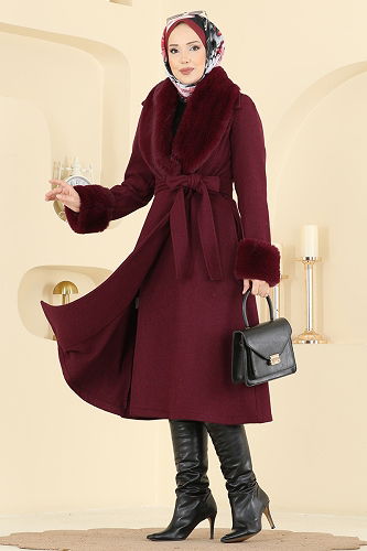 moda selvim Beli Kuşaklı Kaşe Kaban 8159AB368 Bordo - Thumbnail