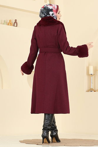 moda selvim Beli Kuşaklı Kaşe Kaban 8159AB368 Bordo - Thumbnail