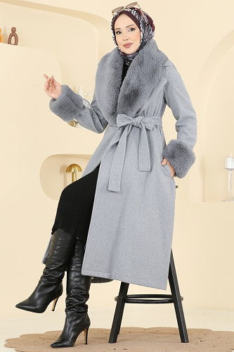 moda selvim Beli Kuşaklı Kaşe Kaban 8159AB368 Gri - Thumbnail
