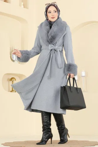 A.B. - Beli Kuşaklı Kaşe Kaban 8159AB368 Gri