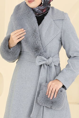 moda selvim Beli Kuşaklı Kaşe Kaban 8159AB368 Gri - Thumbnail