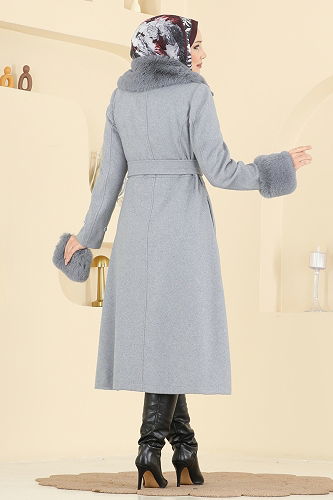 moda selvim Beli Kuşaklı Kaşe Kaban 8159AB368 Gri - Thumbnail