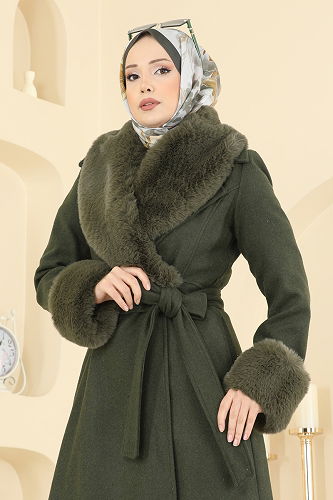 moda selvim Beli Kuşaklı Kaşe Kaban 8159AB368 Haki - Thumbnail