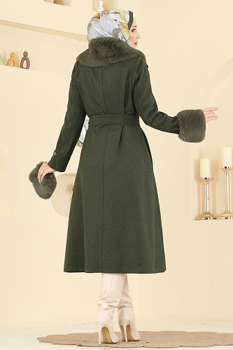 moda selvim Beli Kuşaklı Kaşe Kaban 8159AB368 Haki - Thumbnail