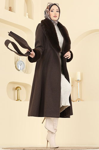 moda selvim Beli Kuşaklı Kaşe Kaban 8159AB368 Kahve - Thumbnail