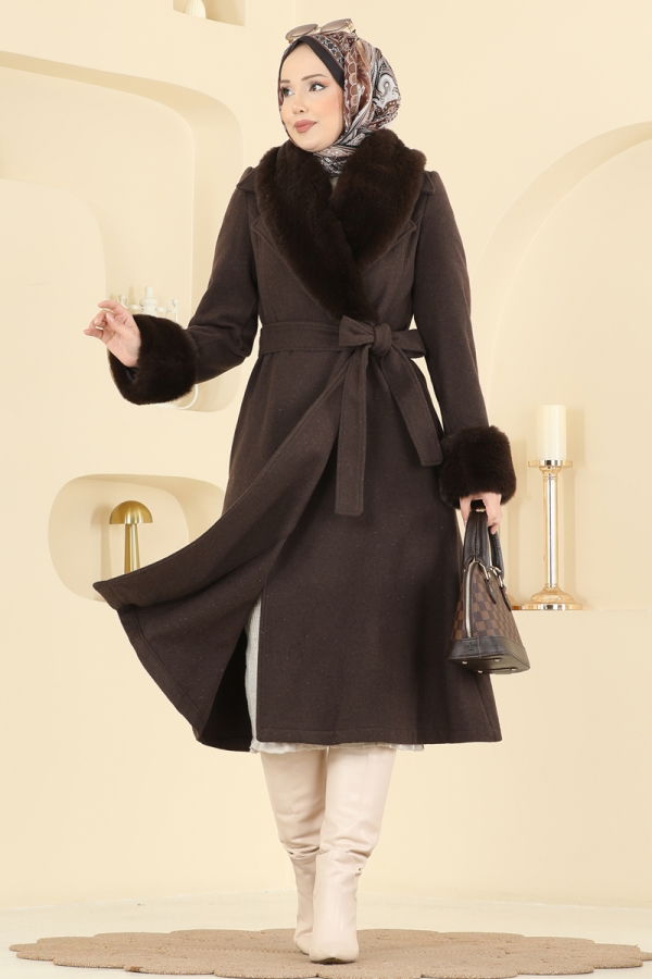 Modaselvim Kaban Beli Kuşaklı Kaşe Kaban 8159AB368 Kahve