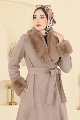 A.B. - Beli Kuşaklı Kaşe Kaban 8159AB368 Koyu Vizyon